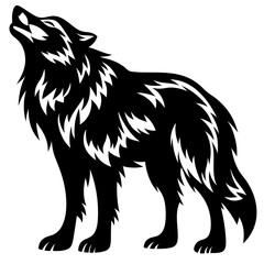 Black and White Silhouette of a Howling Wolf in a Vector Style