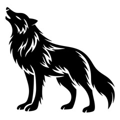 Black silhouette of a howling wolf with detailed fur and white background