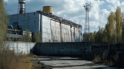 Obraz premium Towering Industrial Structure Amidst Overgrown Landscape with Metallic Power Tower