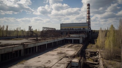 Fototapeta premium Industrial Decay: Abandoned Factory Complex with Chimney and Overgrown Vegetation