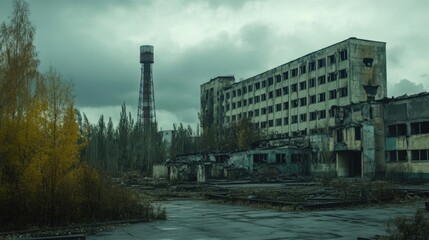 Obraz premium A haunting view of an abandoned and decaying multi-story building under an overcast sky, surrounded by autumn foliage, in a desola