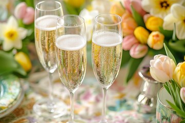 summer brunch setup with champagne flutes, orange slices, and a bouquet of sunflowers, set on a rustic table with a garden background filled with greenery and blooms