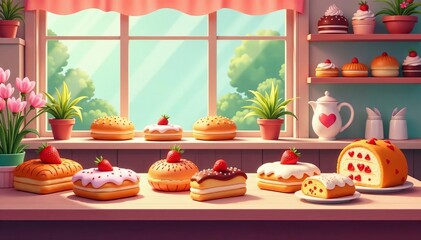 Illustration of a website banner featuring an assortment of delicious pastries in a charming sweet shop setting, delicious, illustration, assortment