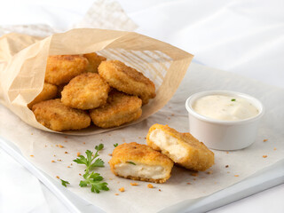 Crispy Chicken Nuggets with Dipping Sauce on Parchment Paper – Close-Up Food Photography