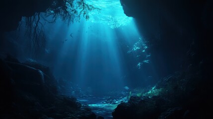 Dark Underwater Scene with Sunlight Piercing Through