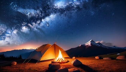 星空の下、焚き火の光で温かな空間が広がり、遠くの山々と共に静かなキャンプの夜が演出される

