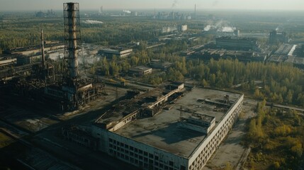 An aerial view of an abandoned industrial complex featuring derelict buildings, tall smokestacks, and surrounding autumn forest