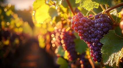 Naklejka premium Sunset Vineyard Grapes Harvest: Ripe Red Wine Grapes Hanging on Vine at Golden Hour