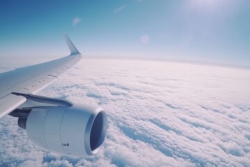 Airplane wing and engine over fluffy clouds