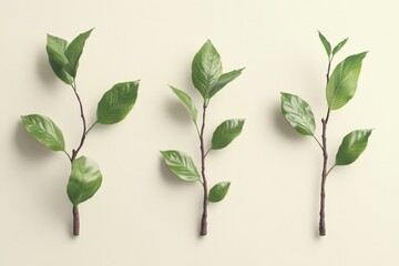 Obraz premium Fresh, vibrant sprigs of greenery arranged on a light beige background.