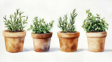 Fototapeta premium Four potted herbs on white background. Kitchen gardening, cooking, recipe illustration