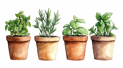Watercolor herbs in terracotta pots, kitchen garden, cooking