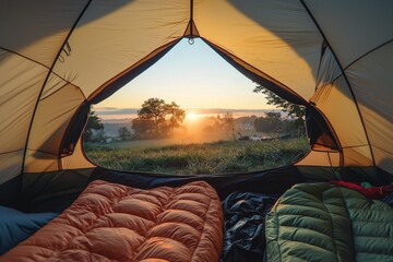 peaceful view from inside a tent, capturing a beautiful sunrise over a calm lake, with sleeping bags and camping essentials creating a cozy and inviting atmosphere