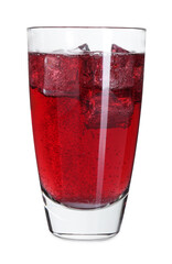 Sweet soda water with ice cubes in glass isolated on white