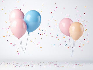 Colorful balloons and confetti on a white background