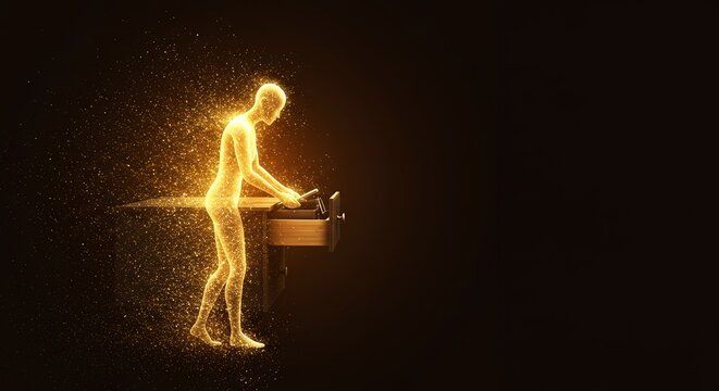 Silhouette organizing a desk drawer with golden particles on dark background