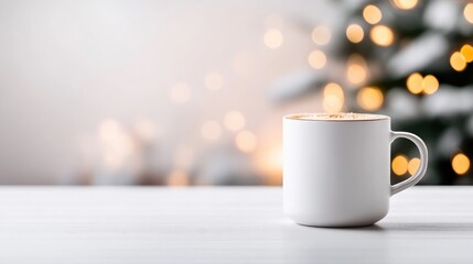 Obraz premium A white ceramic mug of hot beverage on a wooden table, blurred festive Christmas tree with lights in the background, and cozy winter holiday setting.