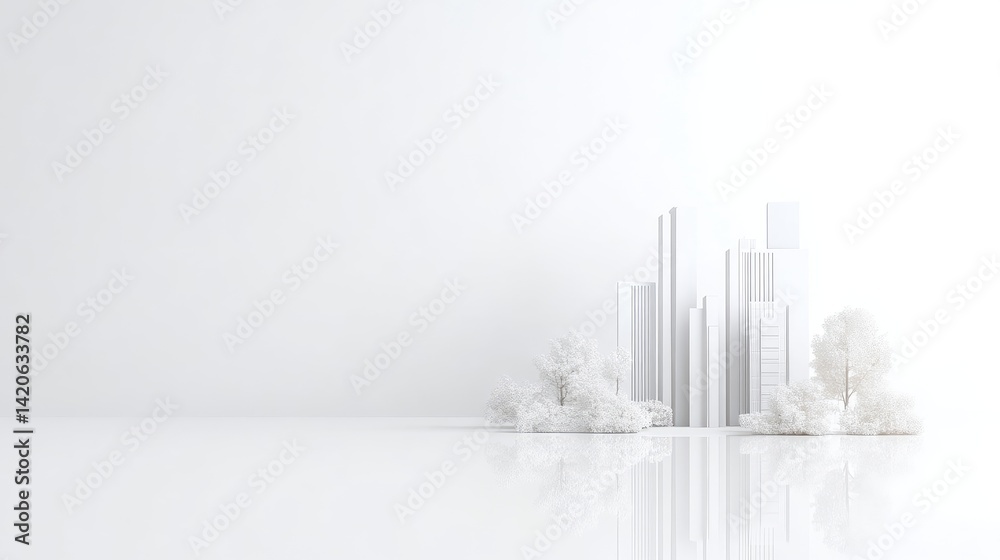 Fototapete Minimalist city model in white. A 3D rendering of a city in a monochromatic color palette, showcasing clean lines and simple geometric shapes.  