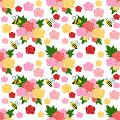 Floral and Bee Pattern: Colorful Roses with Cute Bees on White Background - Seamless Repeat Design for Spring Themes, Textiles, and Nature-Inspired Projects