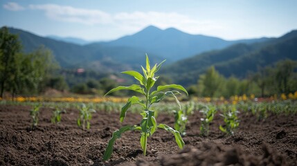 Young Corn Plant in Agricultural Field