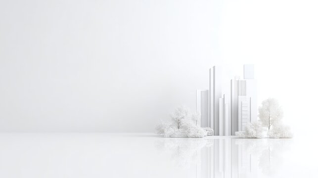 Minimalist city model in white. A 3D rendering of a city in a monochromatic color palette, showcasing clean lines and simple geometric shapes.  