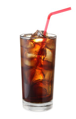 Glass of cola with ice cubes isolated on white