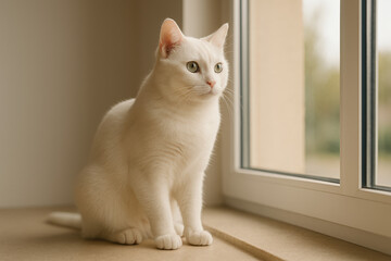 White cat sitting on windowsill and looking outside