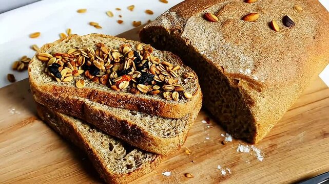 Slices of bread with grains close-up. Freshly baked loaf of bread made of whole grain flour, still life, banner with the concept of healthy homemade baking
