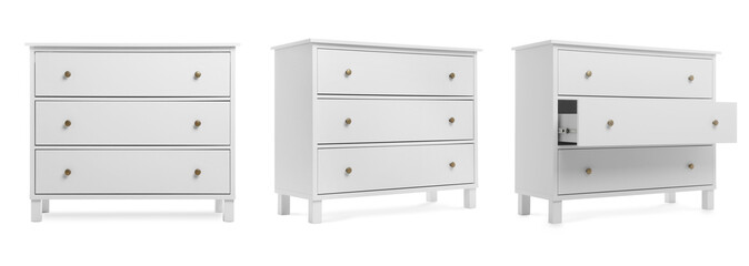 White chest of drawers isolated on white, collage. Stylish furniture