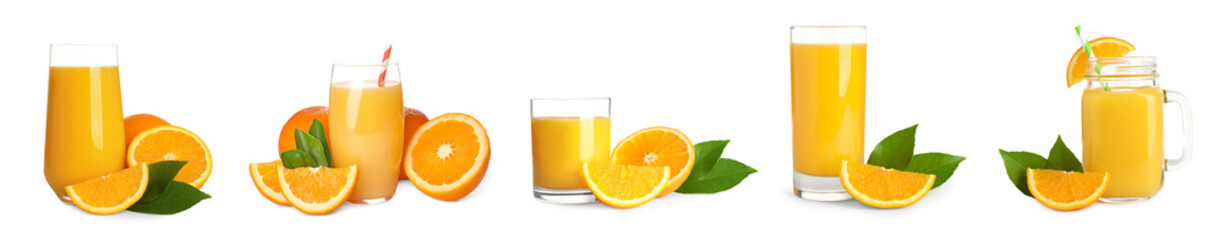 Tasty orange juice and fresh fruits on white background, set
