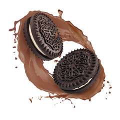Chocolate milk splash and yummy cookies in air on white background