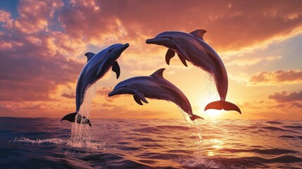 Dolphins leaping in the sunset over the ocean.