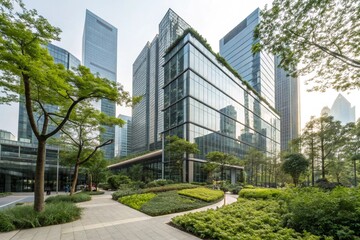 Eco-friendly building in the modern city. Sustainable glass office building with tree for reducing heat and carbon dioxide. Office building with green environment - generated by ai