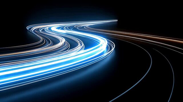 Glowing, futuristic light trails weaving across dark background