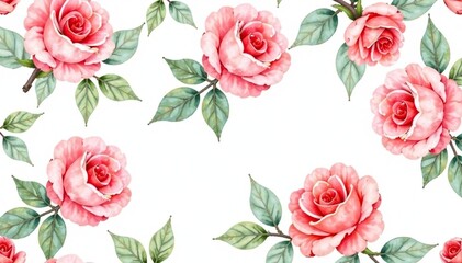 Delicate watercolor roses & leaves, repeating floral pattern, botanical, green