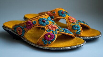 Handmade,  embroidered  sandals.  Intricate  floral  design.  Golden  yellow  color.  Stylish  ethnic  fashion