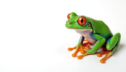 Green tree frog perched on white, vibrant colors, white background, green frog