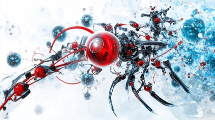 nanotechnology concept with nano robots interacting with cells, artistic and precise, smooth clean style, no text, white