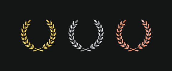 Laurel wreath of victory icon, set of gold, silver, and bronze medals on black background, laurel frame ranking decoration. Vector illustration
