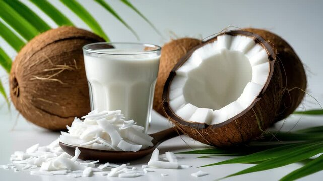 Coconuts and coconut milk against a backdrop.