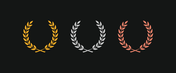 Obraz premium Gold award laurel wreath and set of different golden, silver, and bronze laurel wreaths vector illustration. Luxury templates for glamour product presentation, winner ceremony.