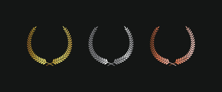 Laurel wreath of victory icon, set of gold, silver, and bronze medals on black background, laurel frame ranking decoration. Vector illustration