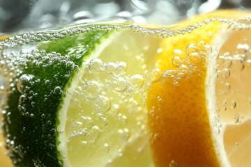 lime and lemon are in bubbles with water