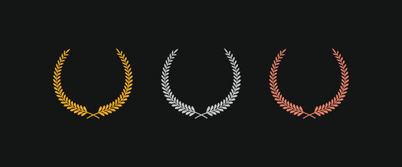 Gold award laurel wreath and set of different golden, silver, and bronze laurel wreaths vector illustration. Luxury templates for glamour product presentation, winner ceremony.