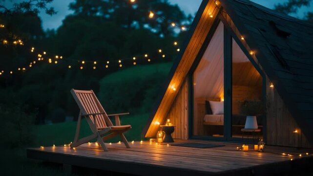 Charming cabin with a wooden deck and a single chair, aglow with the soft light of string lights. The cabin's unique triangular shape and large windows suggest a modern twist on a classic retreat.