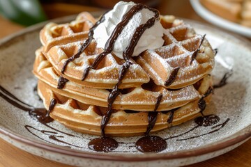 Golden waffles drizzled with rich chocolate sauce, topped with whipped cream and a sprinkle of crushed nuts, served on a stylish plate with a side of fresh fruit