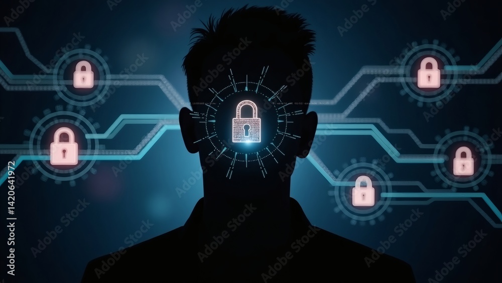 Poster silhouette of a person's head with glowing circuits and padlocks, representing the concept of cybers