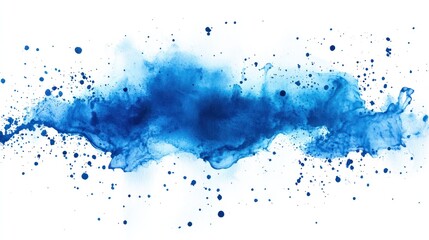 Dynamic streak of blue watercolor paint with splatters on a blank background