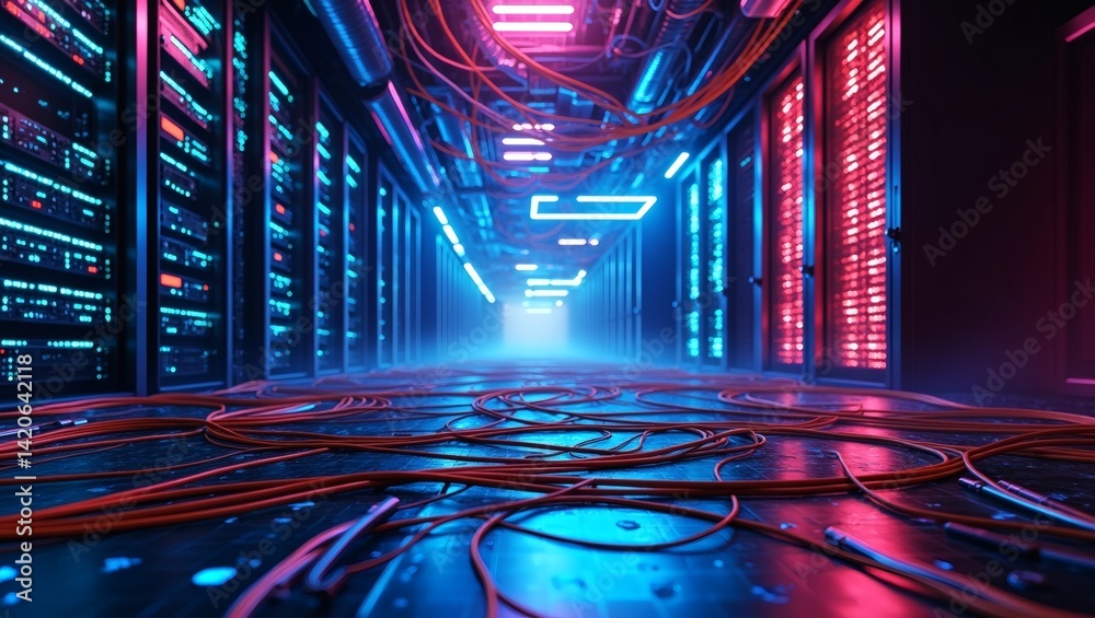 Aufkleber a high-tech data center bathed in neon light. The network cables create a mesmerizing pattern on the floor, and the servers glow with technological brilliance