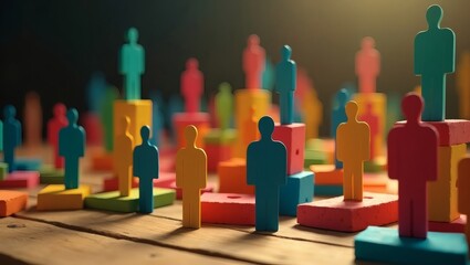 Diverse group of miniature human figures of various colors, arranged on blocks. The figures represent people from various backgrounds. 